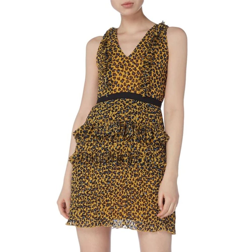 New Foxiedoe Sassa Leopard Printed Cutout Back Fringe Tiered Mini Dress
